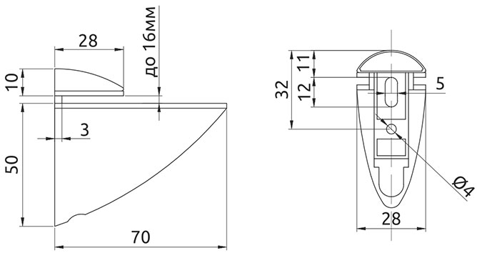 Крепление для стеклянной полки GIFF Пеликан L=70 H=60 сатин