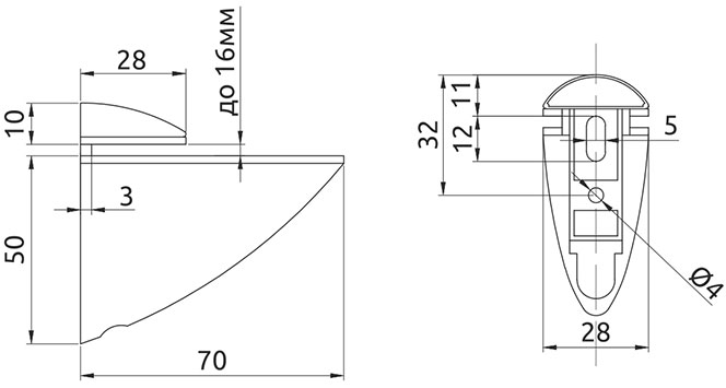 Крепление для стеклянной полки Giff Пеликан L=70 H=60 хром